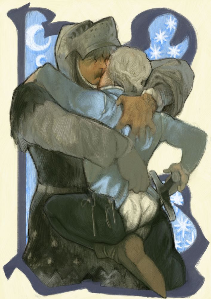Knight in dark armor hugging his lover and placing a gentle kiss behind his ear. His hands are gripping the other man's light blue jacket, while his lover is taking hold of his sword. 