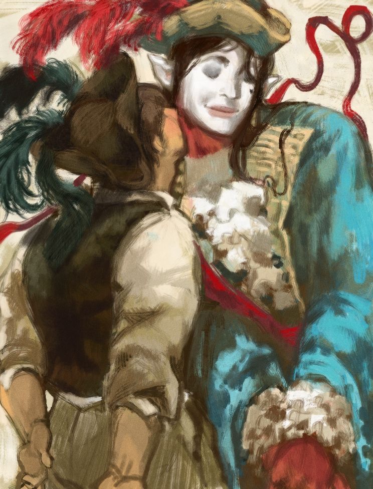 red and white humanoid demon bending towards a human man who is reaching to whisper something to the demon's ear. The human is slightly blushing while the demon is smiling shy-ly. They are dressed in early 18th century inspired clothes and tricorne hats!