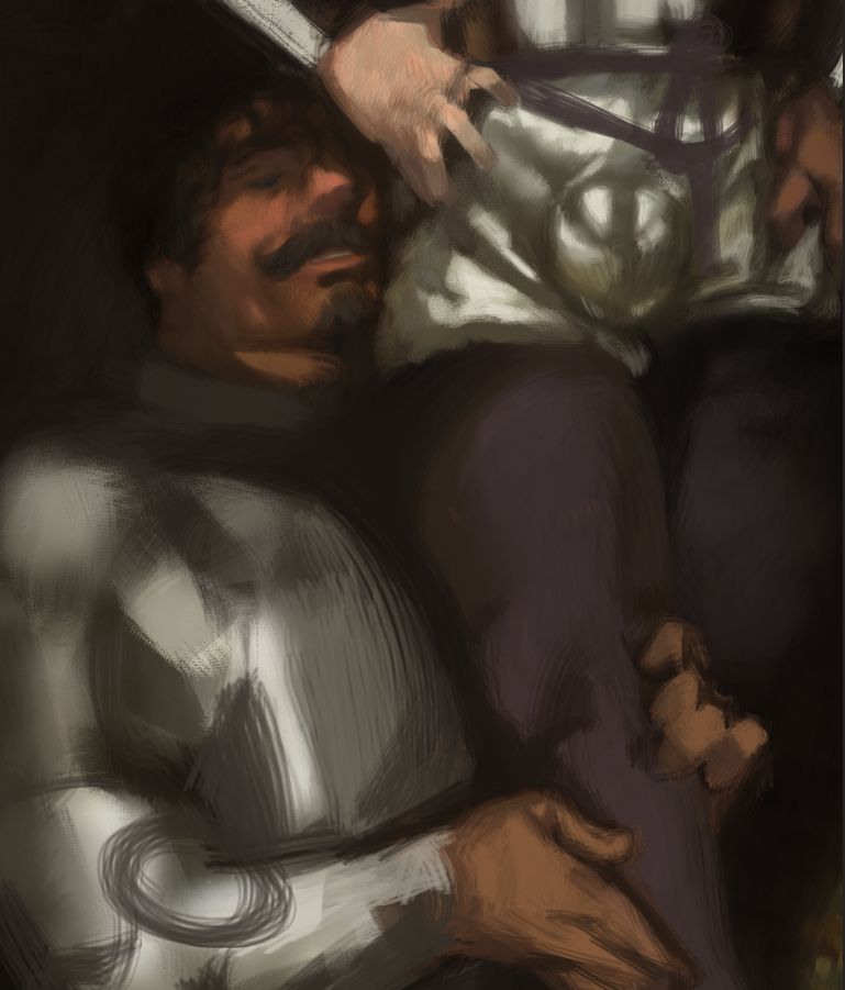 knight oc Wreg smiling like a cat that got the cream while holding his lover's leg gently. The other man is wearing silky hose with a codpiece.