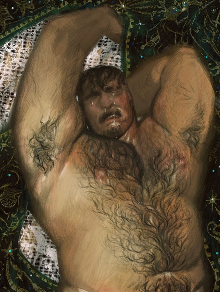 Digital painting of knight oc Wreg. He is shirtless, flushed, and tears stream down his face and torso. His other eye is slightly open, looking up to something out of frame. He's draped in heavy green velvet Cloak that is embroidered with starts, sequin and knights in various state of undress. Behind the cloak is a lace with knights, animals and flowers. Someone is behind the lace, pressing his fingers into it. 