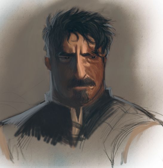 unfinished study painting of Wreg. He looks sad/concerned and his haircut is extremely choppy and uneven