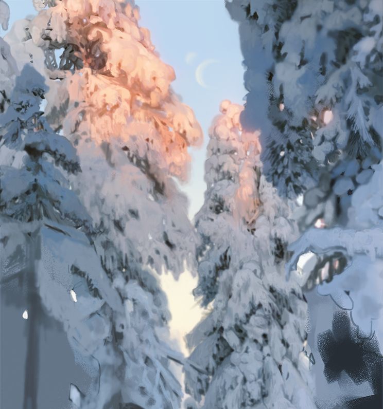 digital painting of wintery scene. The scene is padtel blue but tree tops are hit with pink light of sun