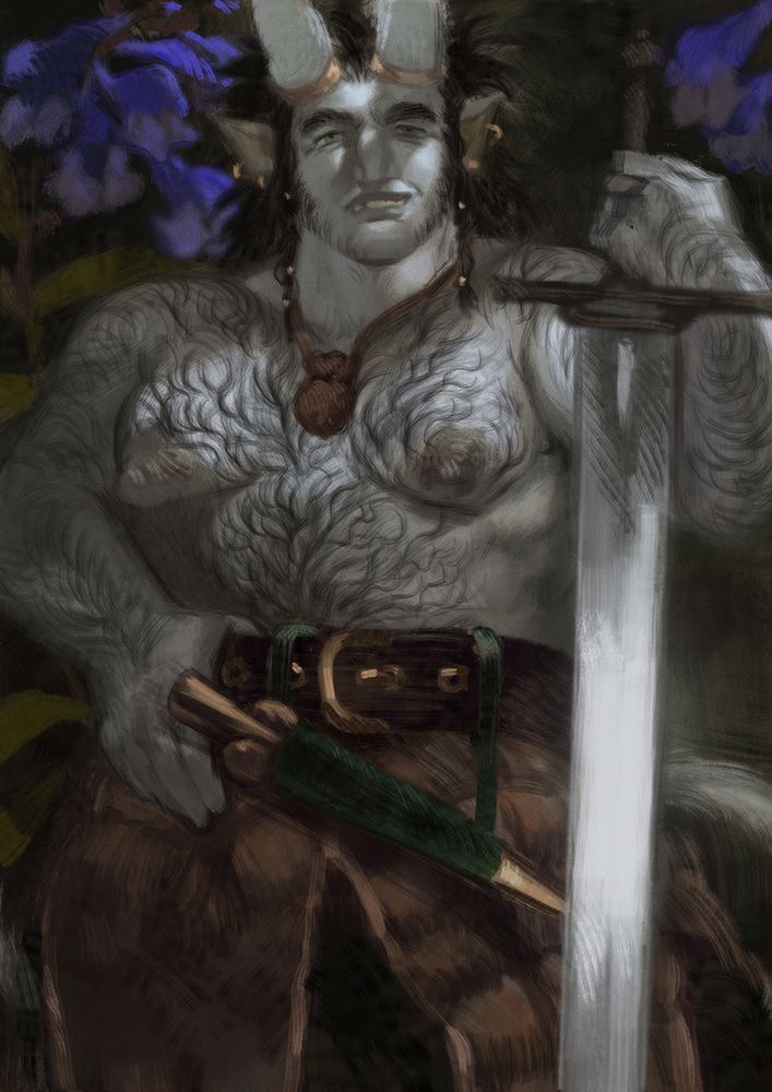 grey-skinned troll with big horns posing with her greatsword. She's shirtless and has golden adornments in her black hair, as well as large amount of bodyhair. On her belt is a bollock dagger and behind her violet flowers.