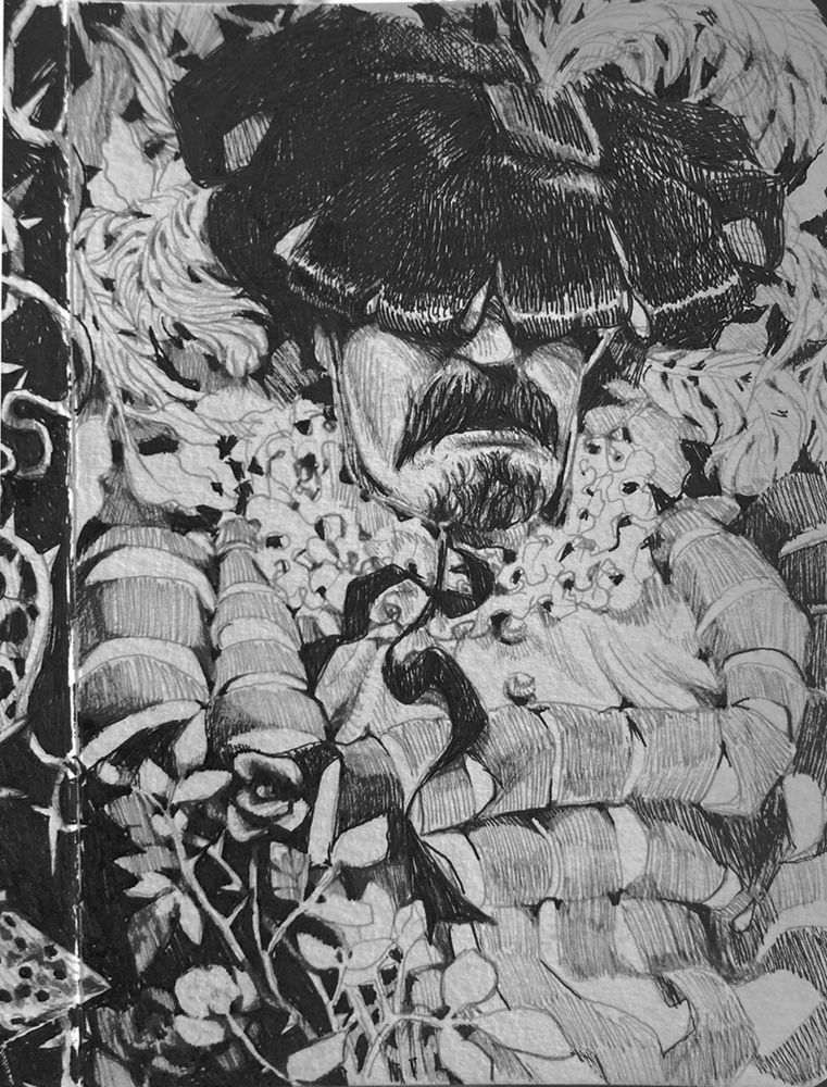 traditional sketch of Knight oc Wreg in landsknecht inspired outfit. His eyes are veiled by his hat and he's surrounded by roses