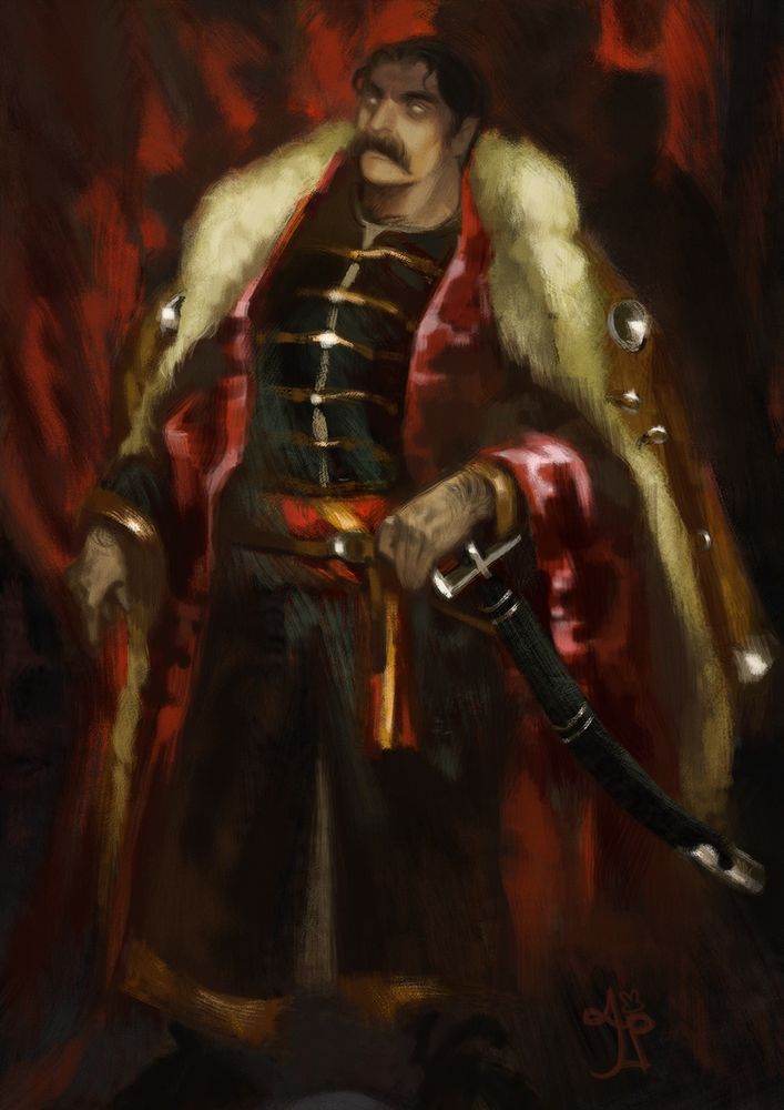 digital painting of Strahd, evoking classical painting of a noble. He's dark haired and mustached vampire with dark and red satin clothes and furcoat. He has a curved blade on his belt.  
