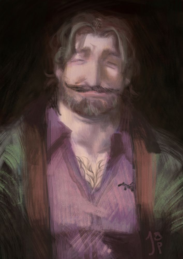 digital bust painting of a handsome vampire in colorful and relaxed fit. He looks friendly and smiles wide