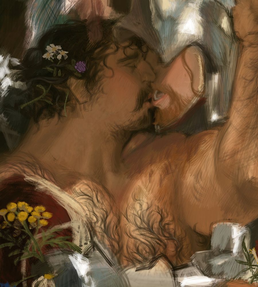work in progress of knight oc Wreg and an unknown ginger knight. they are embracing and kissing, while the other knight is pulling Wreg's hair. The unknown knight is fully armored with his houndskull's visor up, but Wreg is in state of undress, and he has various meadow flowers in his hair. 
