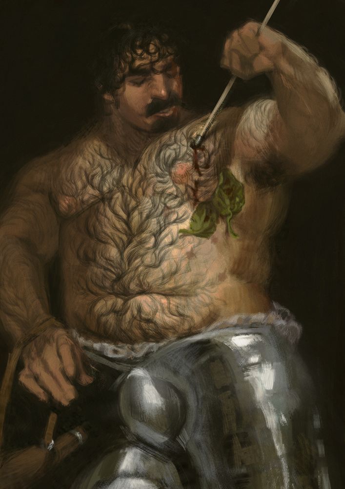 knight oc wreg pulling an arrow out of his chest. He looks pained but determined and he has multiple similar arrow scars, that are covered by broadleaf plantain. In his other hand hangs a hunting horn.