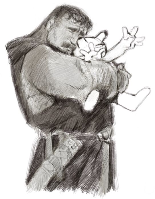 Pencil-like sketch of knight oc Wreg tightly hugging a cartoony anon, whose eyes are bulging out