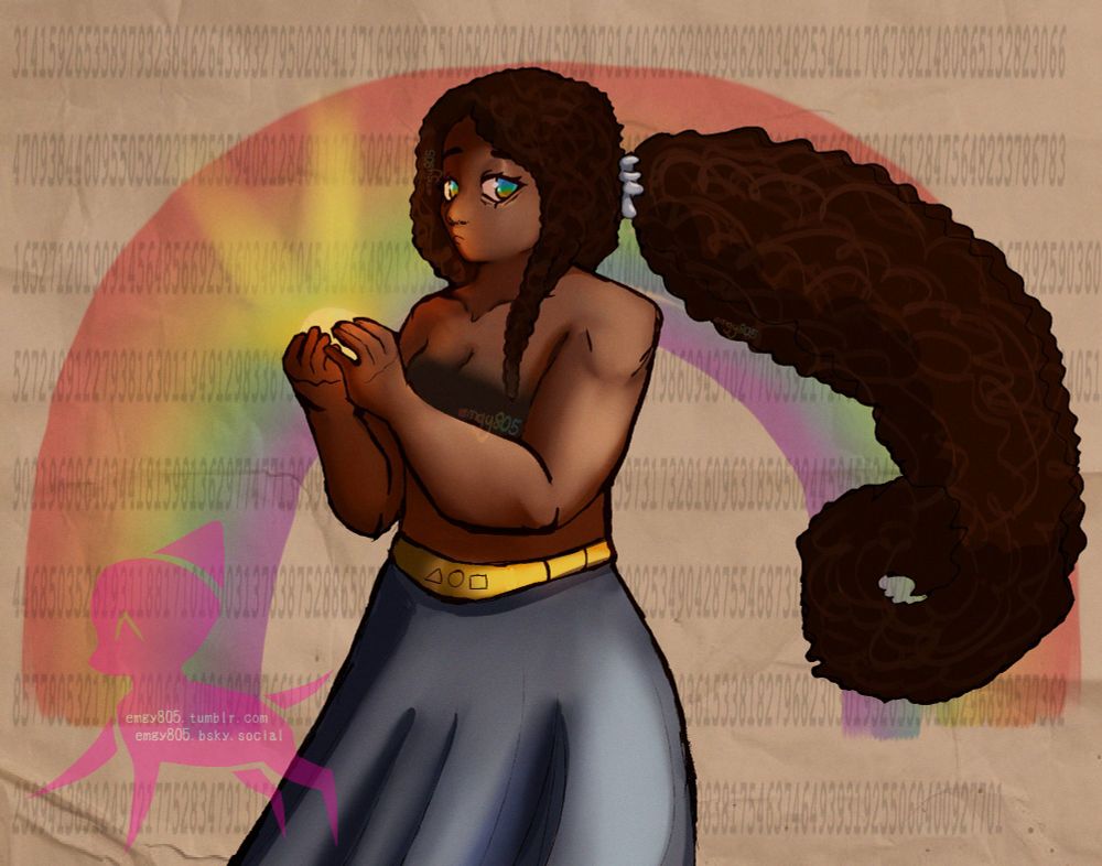 A digital painting of a black woman. She has long, curly hair tied into a pony tail that spirals. She has blue-yellow-green eyes with geometric highlights in them. She is wearing a blue skirt with a golden belt and a white scrunchie. She is holding an orb of light, containing something unknown. She has a curious look in her eyes. Behind her is a paper-textured background, with the number of Pi written upon it. A rainbow is slightly in front of the text.