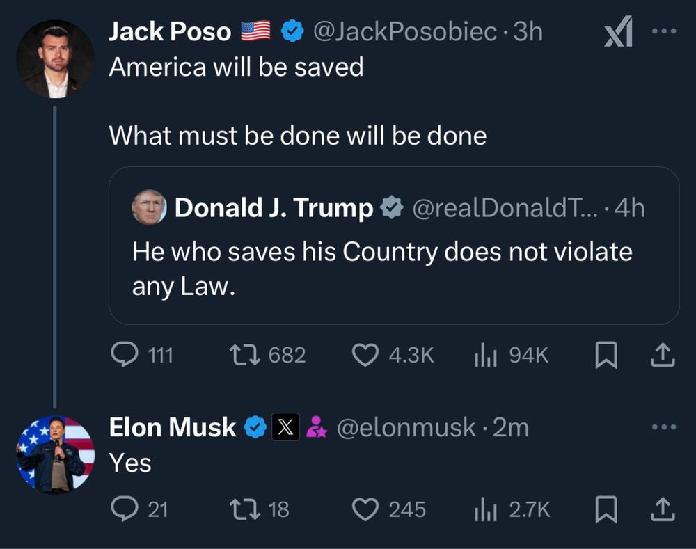 a tweet reply thread. first tweet from donald trump says; “he who saves his country does not violate any law.” this was quote tweeted by known neo-nazi jack posobiec, who said, “america must be saved. what must be done will be done.” elon musk then replied to him, saying “yes”
