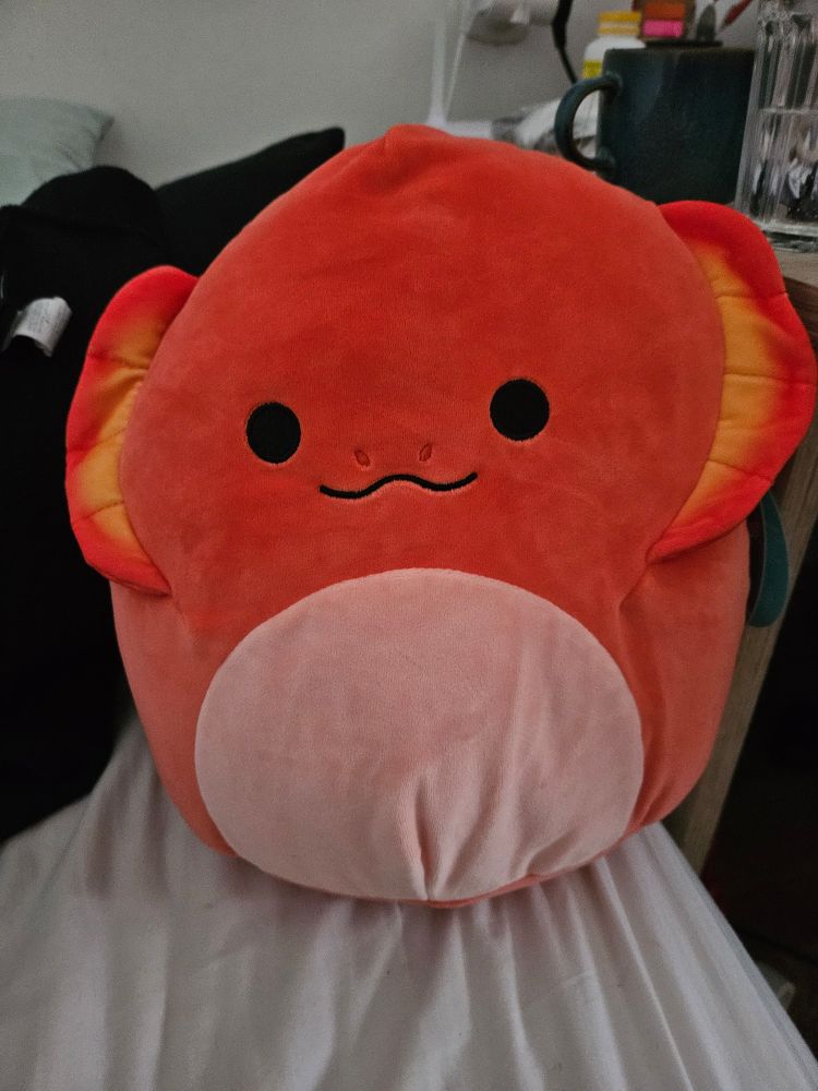 A bright red squishmallow plushie of a frill-necked lizard.