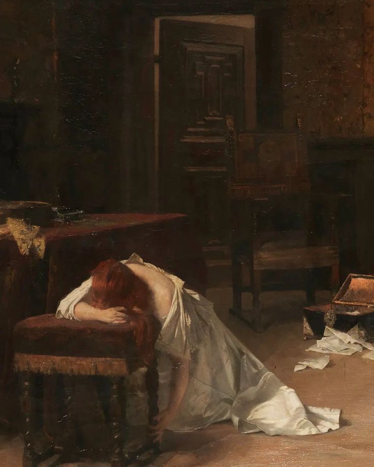 A painting of a young woman with long, flowing red hair in a white gown, collapsed over a stool in a dimly lit room. Her face is hidden in her arms. The room is in disarray, with scattered papers and an open chest on the floor. 