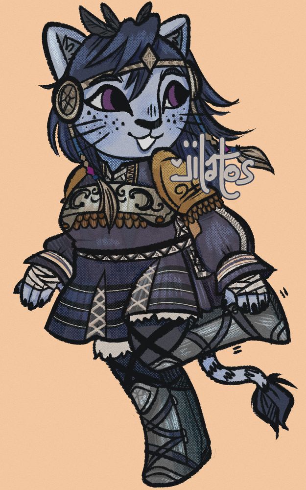 drawing of a hrothgar woman with blue hair + purple eyes in a set of blue armor with metal pauldrons + boots + matching headband. she stretches her one leg behind her and looks the same way with a smile 
