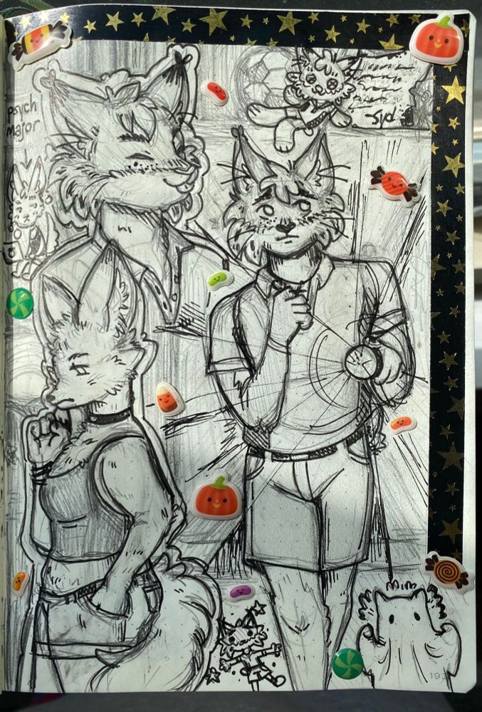 traditional sketchpage drawing depicting different scenes of tj hess and jenna begay from echo the furry visual novel. one has tj holding a flashlight walking down a (school) hallway and looking nervous, another has him cutely sticking his tongue out, other doodles of him as a plush next to a letter from sydney and dressed as a ghost. 2 sketches of jenna, 1 looking contemplative and 1 silly sketch of her at her laptop with the words "psych major" pointing at her. the page is covered in puffy halloween stickers + starry washi tape