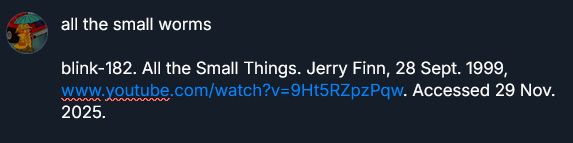 post that says "all the small worms" followed by mla citation of blink-182s all the small things music video