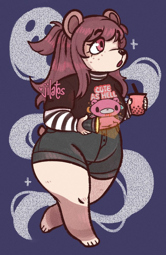 drawing of an anthro bear girl with long pinkish hair and pink eyes wearing a black shirt (with a pink bear on it that says 'cute as hell') with a long sleeved striped undershirt and grey shorts. she holds a flashlight and a pink boba tea. theres a ghost floating behind her 