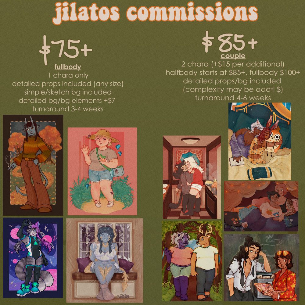 commission post page 4--$75+ for fullbody, $85+ for couple commissions. $85 is for halfbody couple, fullbody couple starts at $100. many examples are included