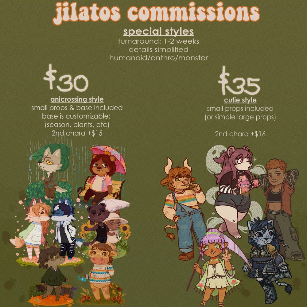 commission post page 2--special styles. 1-2 wk turnaround. $30 for anicrossing style, $35 for cutie style. both include examples