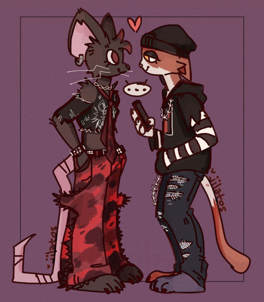 drawing of camille and meow skulls from fortnite. theyre standing across from each other, in profile to the viewer, staring intently into each others eyes and smiling. a heart floats over their heads, implying they have a crush on each other