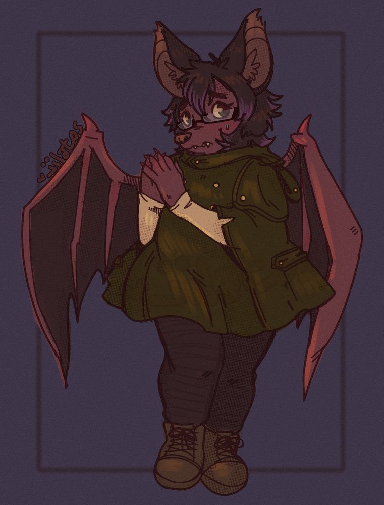 drawing of a purplish/pink bat anthro girl holding her hands together and looking nervously off to the side. she wears a green trench coat/cape with white long sleeves underneath, black pants, and brown laceup boots