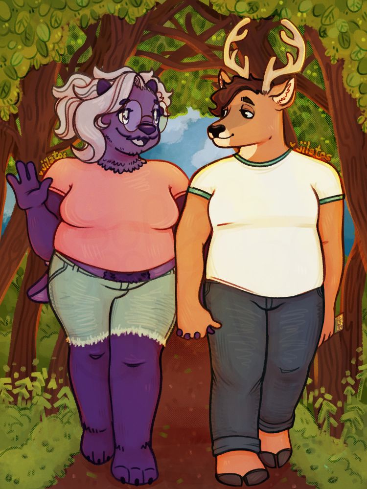 drawing depicting a purple sea otter and a tan deer anthro couple holding hands on a date walking through a tree-covered dirt path. the otter has lighter purple hair, glasses, a pink shirt and jean shorts. shes chatting to the deer, who looks on lovingly. he wears a white tshirt and jeans and holds a pamphlet for the park theyre in. they are lit by the afternoon sun
