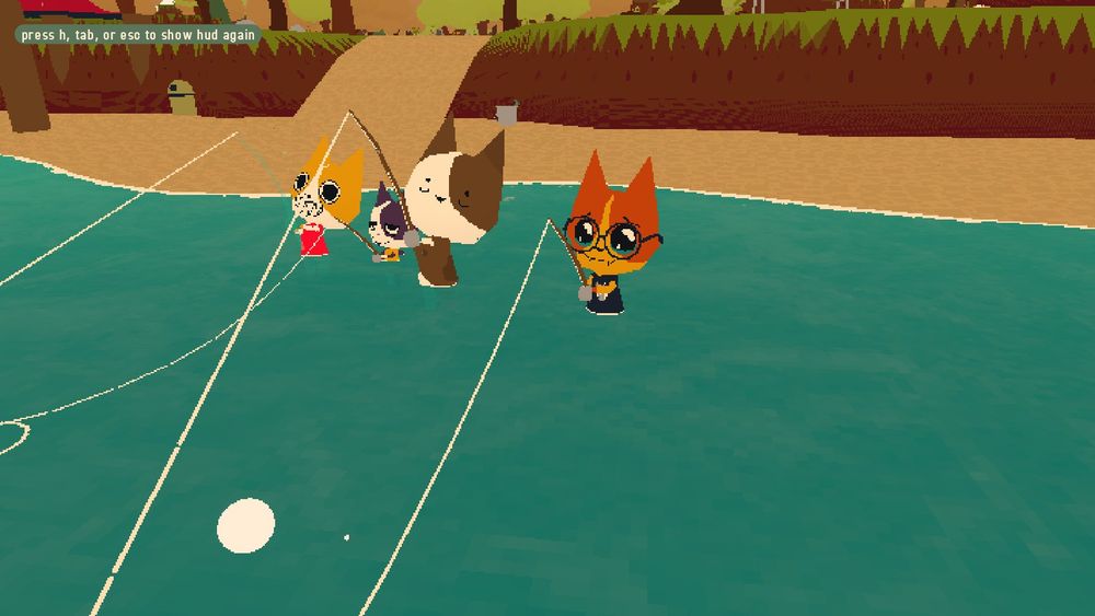Screenshot from a video game called "Webfishing" , four cats stand in a line in the ocean and are fishing.