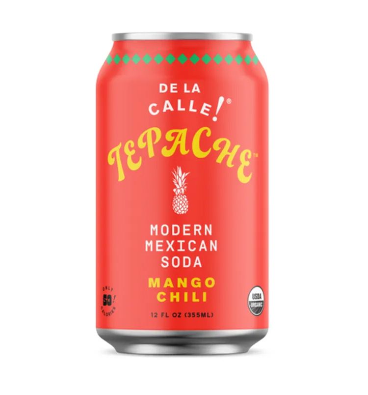 A red can of soda, with lettering in white & yellow in various fonts: 
De La 
Calle 
Tepache 
Modern 
Mexican 
Soda 
Mango 
Chili 
