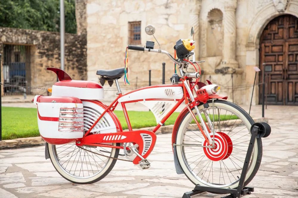 Pee-Wee's Big Adventure bike in front of the Alamo.
(article linked in comments)