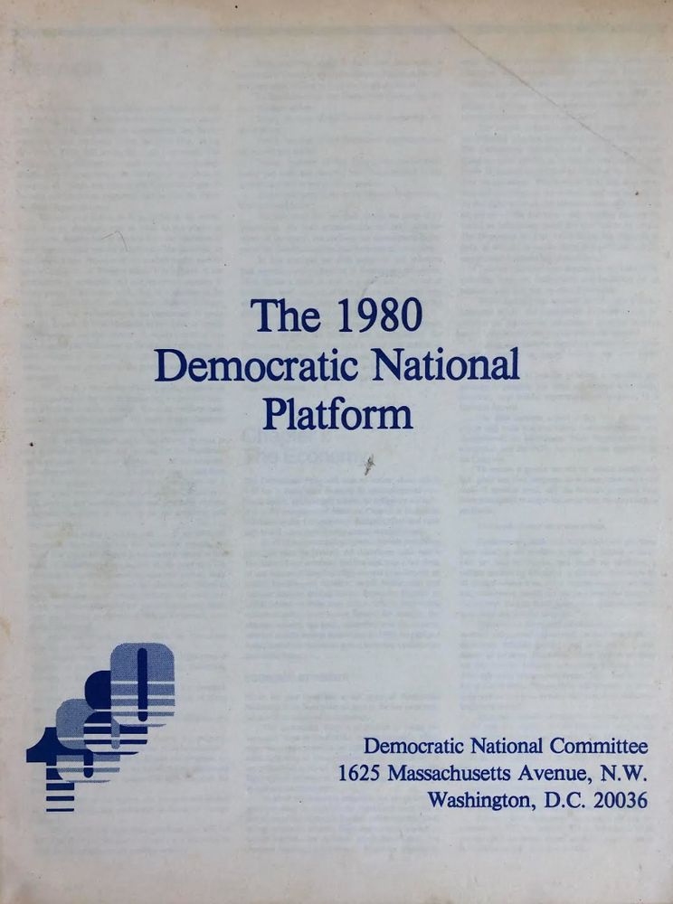 A photo of the aged cover of a copy of "The 1980 Democratic National Platform." 