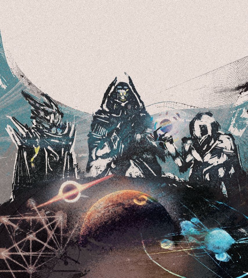 Three individuals stand over a table planning the future of the galaxy. A digital painting by Andrew Beauman for the TTRPG Horizon Trigger by Galant Knight Games