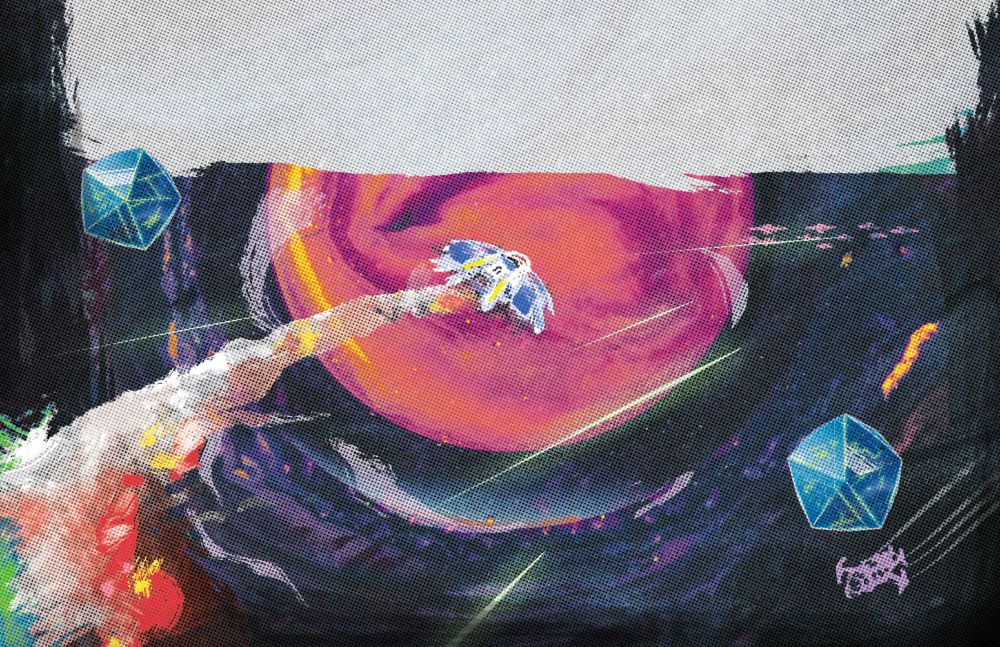 A ship flying through space is damaged by a missile and spewing smoke as it approaches a fleet of ships and a large pink and red planet. A digital painting by Andrew Beauman for the TTRPG Horizon Trigger by Galant Knight Games