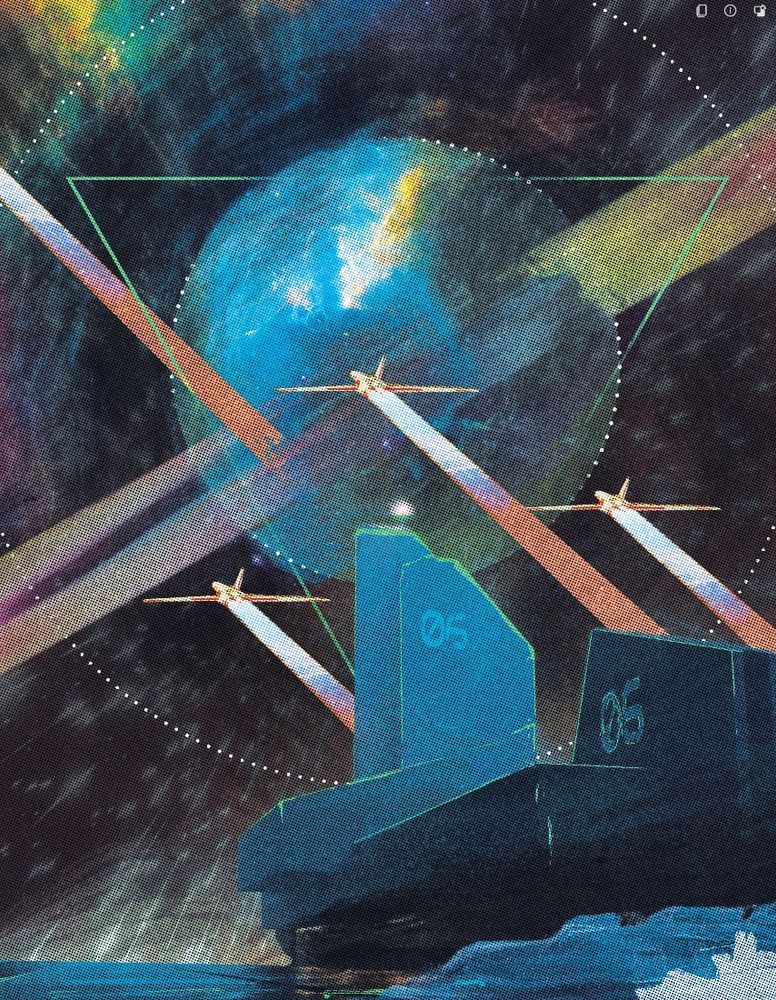 Three ships are flying away from a base towards a planet in the sky with abstract geometry surrounding it. A digital painting by Andrew Beauman for the TTRPG Horizon Trigger by Galant Knight Games