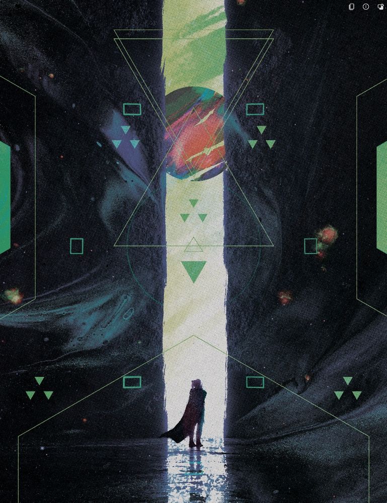 A woman in a cape stands at the end of a long hallway looking up at a bright colored planet. The hallway floor reflects as if wet. The image evokes hope and wonder. Geometric overlays seem technical, like viewed through a scanning device. A digital painting by Andrew Beauman for the TTRPG Horizon Trigger by Galant Knight Games
