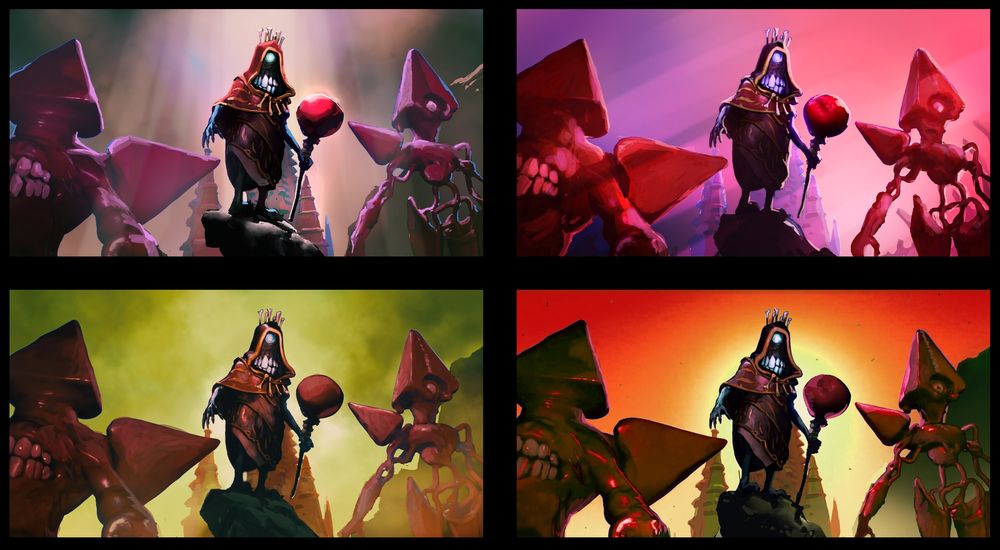 Paint overs showing different color ideas for a scene in the SWAP MEAT game trailer.