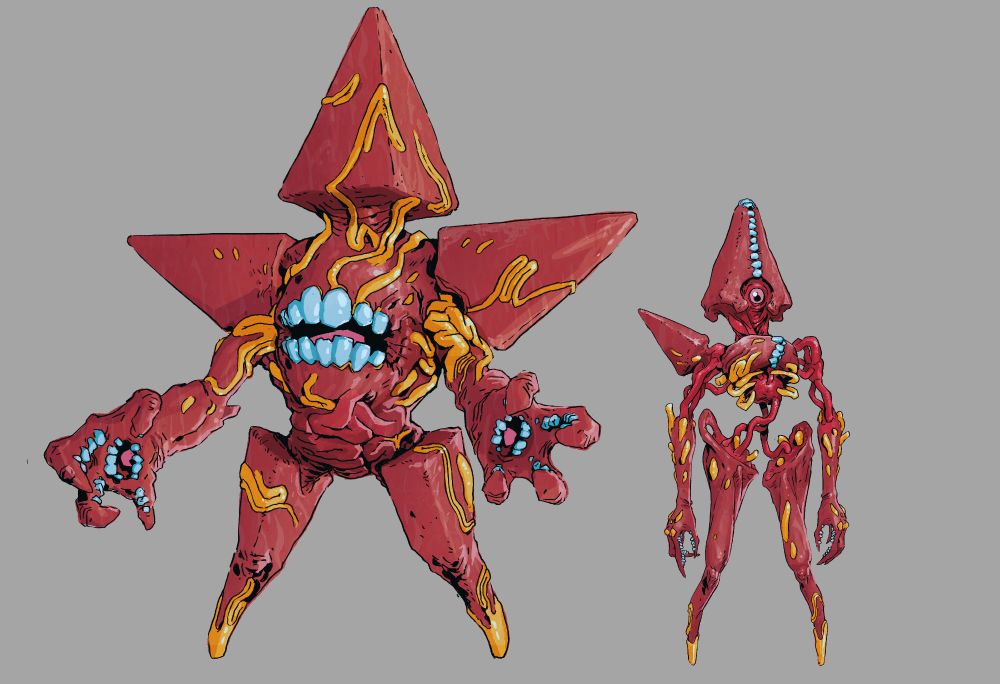 A piece of concept art for the game SWAP MEAT, depicting two 'star' like enemies. 
