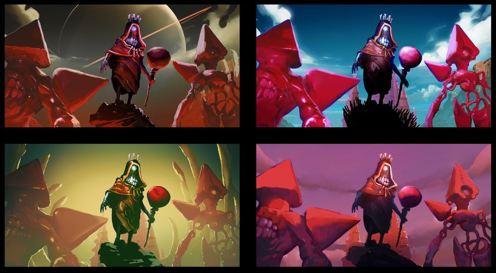 Paint overs showing different color ideas for a scene in the SWAP MEAT game trailer.