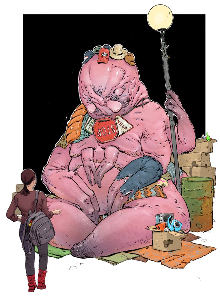 Alien vendor concept for a pitch document. IMAGE: A woman is talking with a large alien wearing lots of human hats, pants , etc. that it has salvaged.