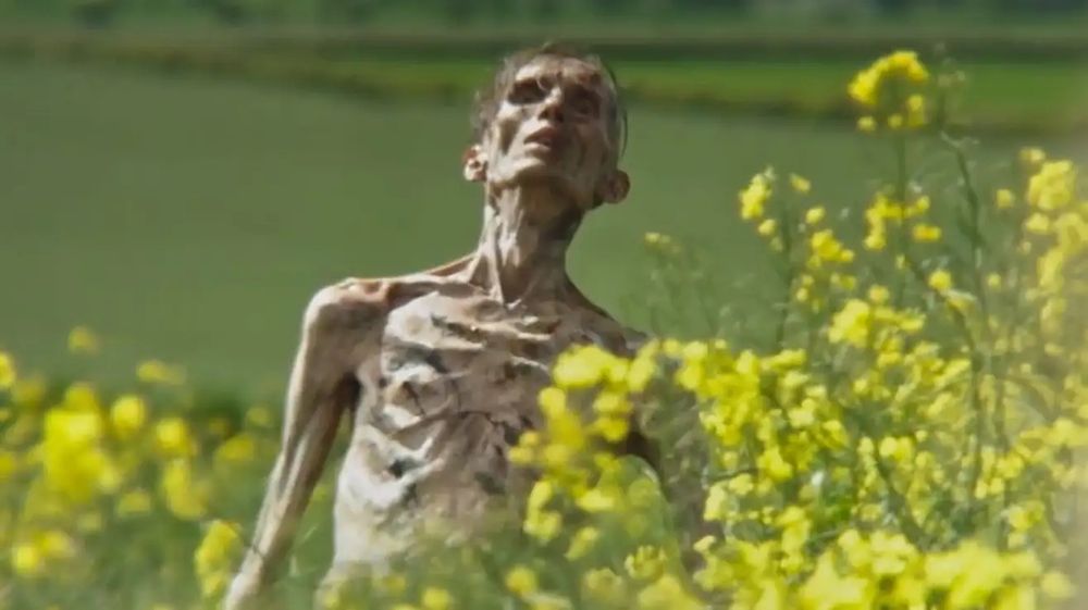 An image from the 28 Years later trailer of a emaciated zombie behind some flowers. 
