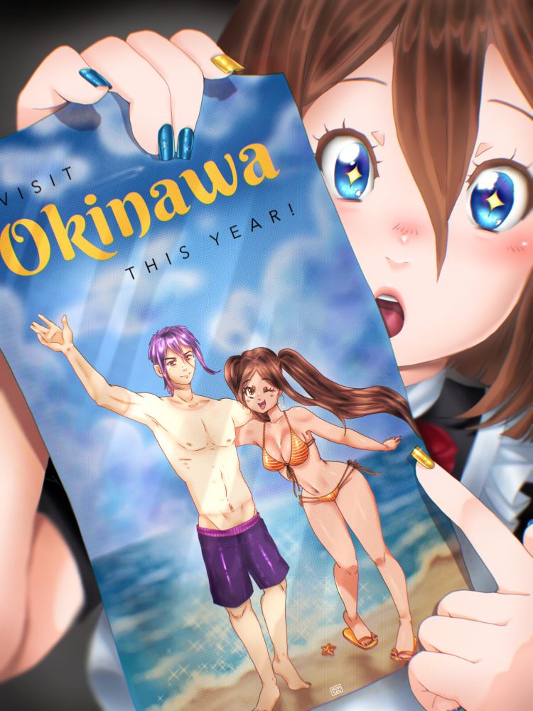 a cute brown-haired anime girl with sparkling blue eyes is holding up a flyer to the camera, pointing at it. there are two characters on the flyer and a heading that says "visit okinawa this year" (okinawa was the theme of the contest for which this artwork has been made). The flyer shows the characters in swimming trousers (man) and a bikini (girl) at a painterly illustrated beach.