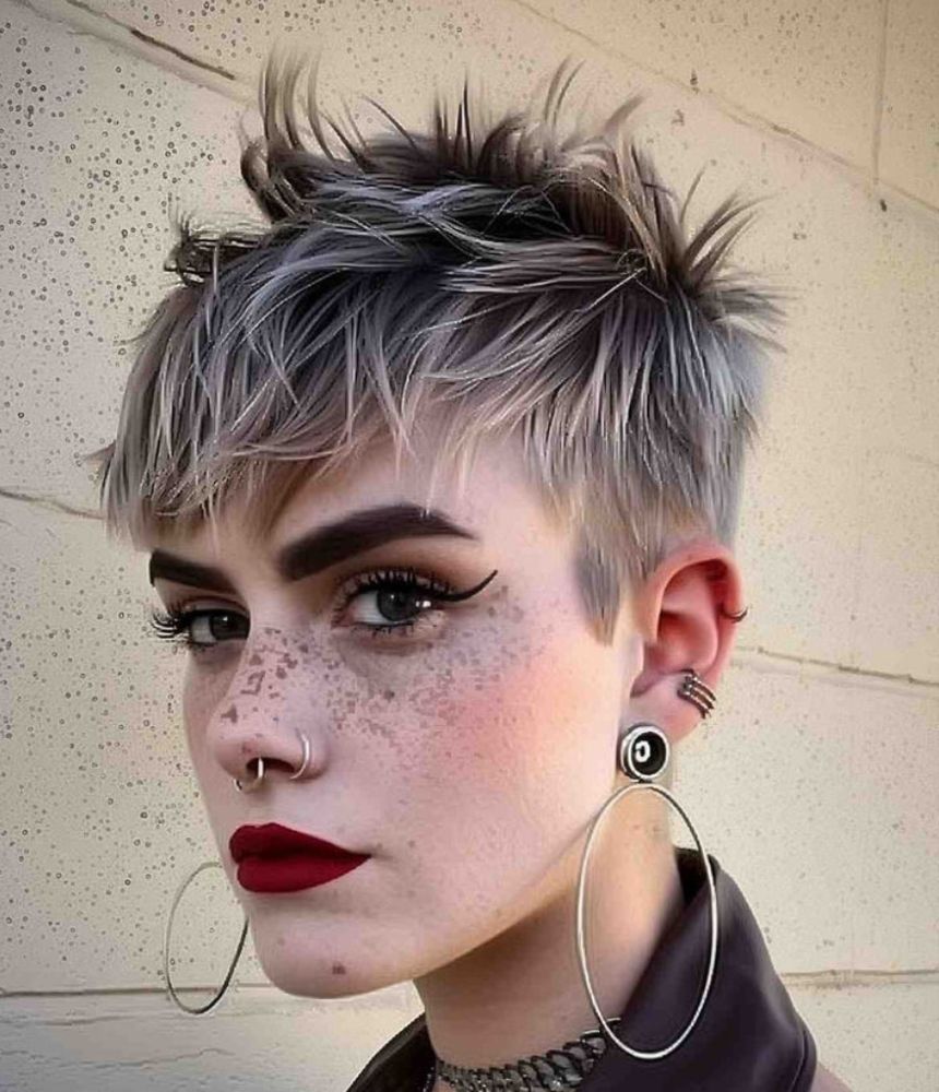 photo of an androgynous person, they have silver hair with a ruffled pixie cut.