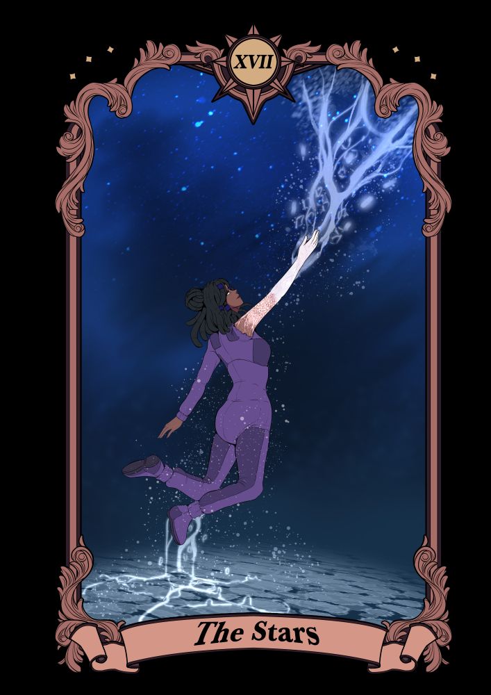 A framed tarot card drawing of a black woman wearing a purple jumpsuit floating in space. Her mycelium covered hand is sterched upwards connecting with a web of mycelial tendrils. At 17 in roman numerals is written onto a blank star shaped space at the top of the frame while the words "The Stars a written onto a little banner at the bottom"