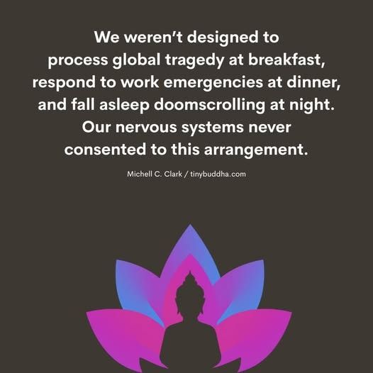Quote on dark brown background: 'We weren't designed to process global tragedy at breakfast, respond to work emergencies at dinner, and fall asleep doomscrolling at night. Our nervous systems never consented to this arrangement.' By Michelle C. Clark / tinybuddha.com. Below the quote is a silhouette of a person in meditation pose against a stylized lotus flower in blue, purple, and pink gradient colors.
