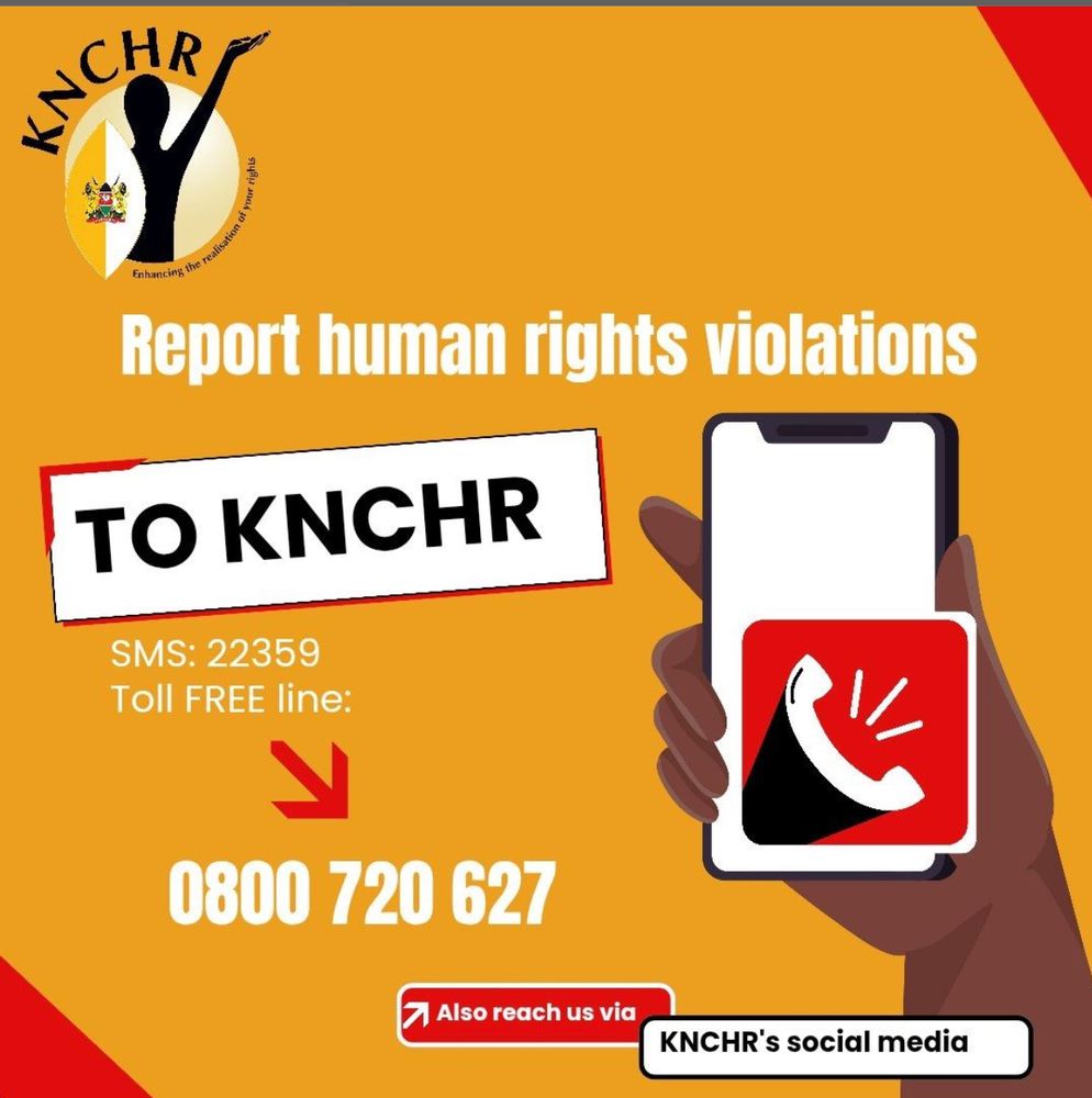 Based on the alt text guidelines you've provided, here's an appropriate alt text for this image:
Alt text (under 125 characters):
"KNCHR infographic with logo showing ways to report human rights violations: SMS 22359, toll-free 0800 720 627, or social media"
Extended image description (for caption or longer format):
"Public service infographic from the Kenya National Commission on Human Rights (KNCHR) on an orange and red gradient background. The KNCHR logo appears in the top left, featuring a black silhouette of a person with arms raised inside a yellow circle, with the Kenya coat of arms and text 'Enhancing the realization of human rights.' The main heading reads 'Report human rights violations TO KNCHR' in large white text. Contact information is provided: SMS 22359, toll-free line 0800 720 627 (with a red arrow pointing to this number), and social media channels. A brown hand holds a smartphone displaying a red app icon with a white telephone symbol and sound lines, illustrating the reporting process.