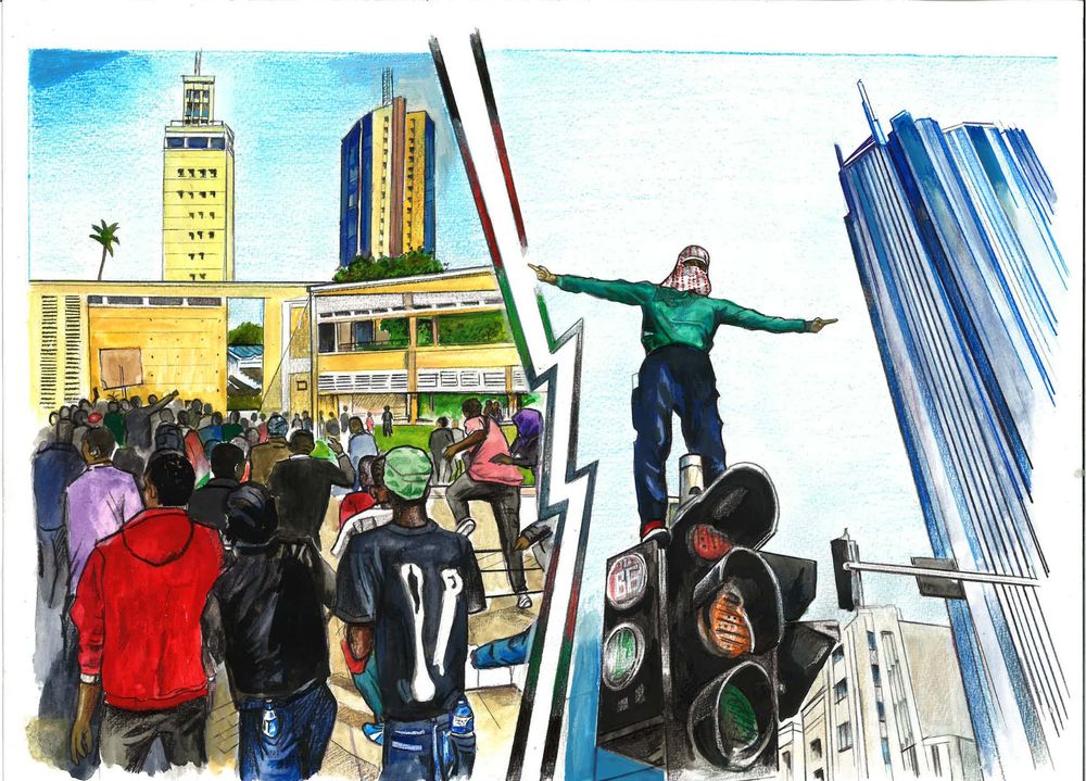 
Political cartoon commemorating the June 25, 2024 Gen Z protests in Nairobi, Kenya. In the center, a young Kenyan activist in emerald green shirt and navy blue pants stands with arms outstretched in a commanding gesture, addressing a large crowd of fellow Generation Z demonstrators who had gathered to voice their grievances against punitive taxation. The crowd consists of dozens of young Kenyans in various colored clothing including red hoodies, purple shirts, and dark clothing, assembled in what appears to be a public plaza in Nairobi with yellow and white government buildings. The urban setting features Nairobi's distinctive architecture: yellow high-rise buildings on the left, blue glass skyscrapers on the right, and orange/yellow mid-rise buildings in the background. A traffic light is visible in the foreground showing red, yellow, and green lights - the colors of Kenya's flag. Red and green lightning bolt graphics cut diagonally across the composition, symbolically foreshadowing the violence that would soon erupt when police opened fire on these peaceful protesters attempting to march to Parliament. Palm trees and blue sky complete the East African urban setting. The scene captures a pivotal moment of youth leadership and civic engagement before this demonstration turned tragic, resulting in over 60 deaths including 12-year-old Kennedy Onyango and many other young Kenyans whose names are now remembered as martyrs of the movement.