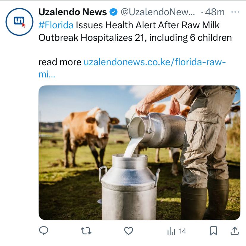 Raw milk issues in Florida. A photo of a cow and a farmer pour milk from one large milk can to the other. 