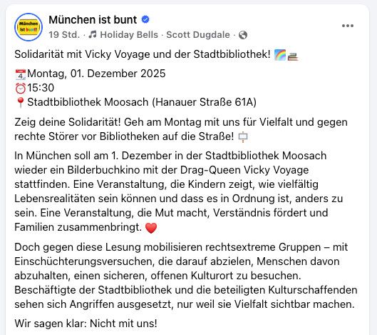 Demobeschreibung von "München ist bunt": "Solidarität mit Vicky Yoyage und der Stadtbibliothek"