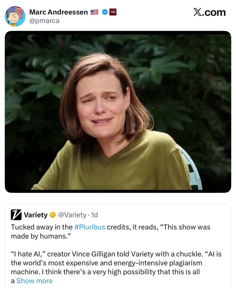Marc Andreessen quoting Variety tweet of Vince Gilligan (Breaking Bad creator) trashing AI with image of reporter who interviewed Sydney Sweeney for GQ making a weird face