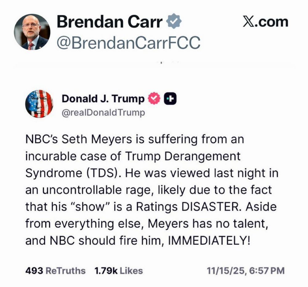 @BrendanCarrFCC:

@realDonaldtrump
NBC's Seth Meyers is suffering from an incurable case of Trump Derangement Syndrome (TDS). He was viewed last night in an uncontrollable rage, likely due to the fact that his "show" is a Ratings DISASTER. Aside from everything else, Meyers has no talent, and NBC should fire him, 