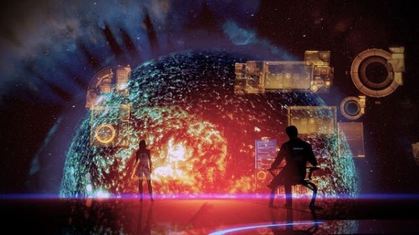 Loading screen from Mass Effect 2: view of Illusive Man and Miranda in front of the giant star.